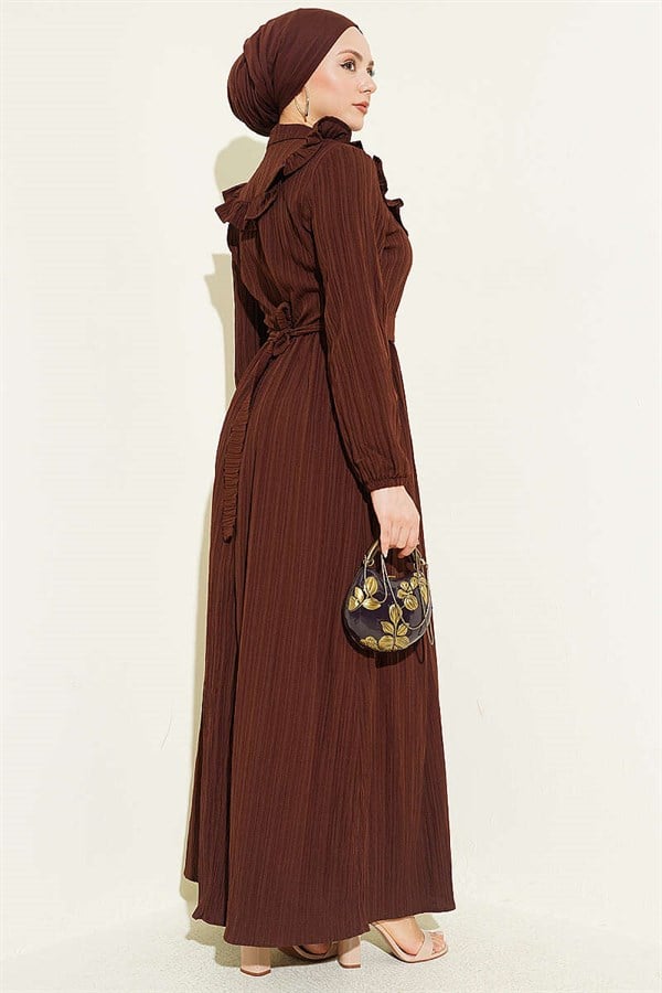 Half-Button Ruffled Crinkle Dress, Coffee