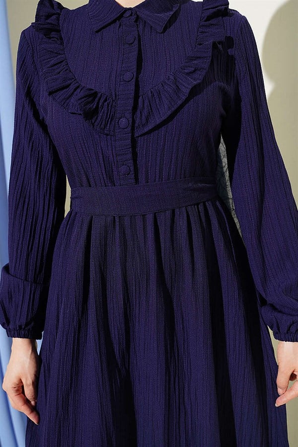 Half-Button Ruffled Crinkle Dress Navy Blue