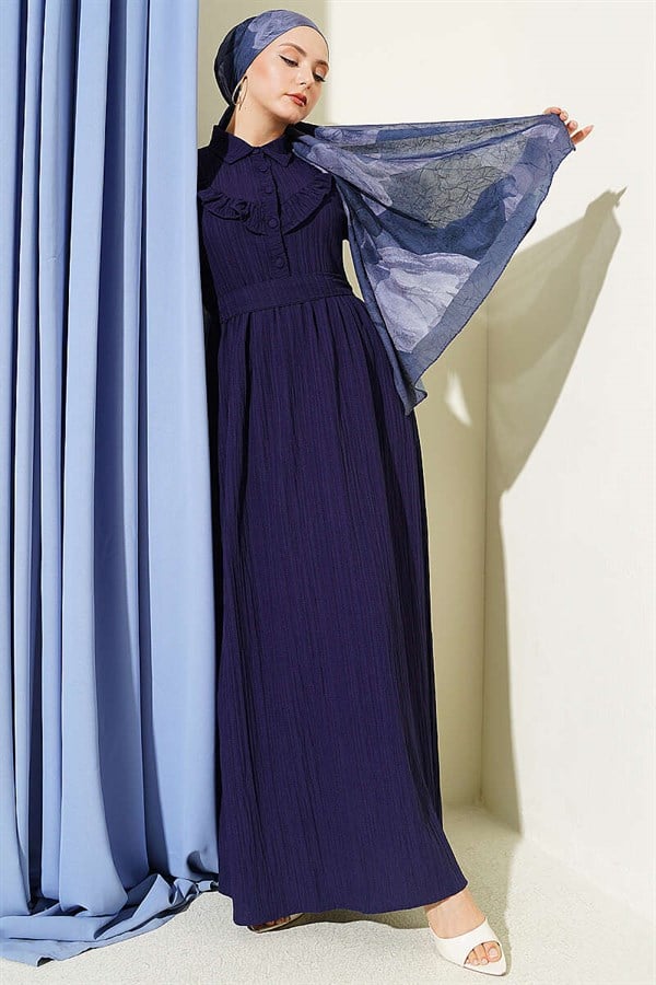 Half-Button Ruffled Crinkle Dress Navy Blue