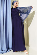 Half-Button Ruffled Crinkle Dress Navy Blue