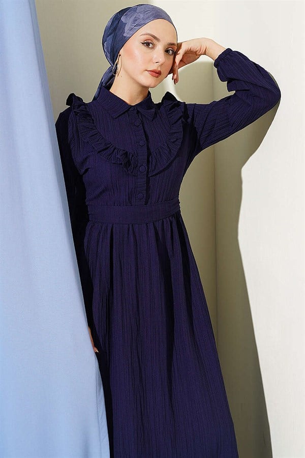 Half-Button Ruffled Crinkle Dress Navy Blue