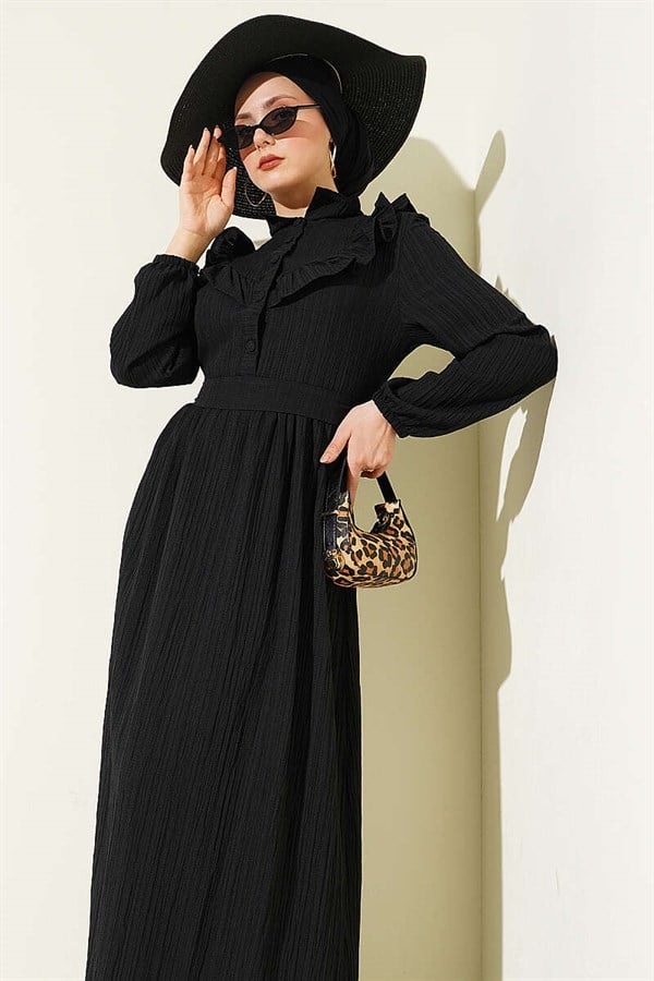 Half-Button Ruffled Crinkle Dress, Black