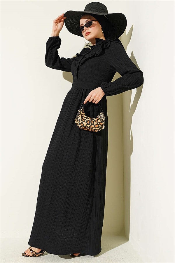 Half-Button Ruffled Crinkle Dress, Black