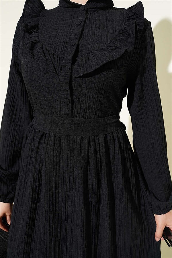 Half-Button Ruffled Crinkle Dress, Black