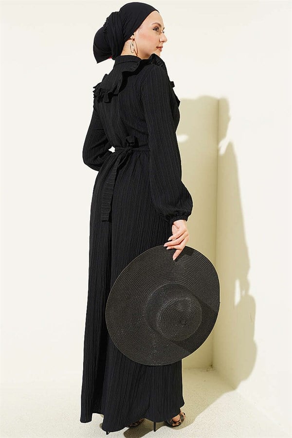 Half-Button Ruffled Crinkle Dress, Black