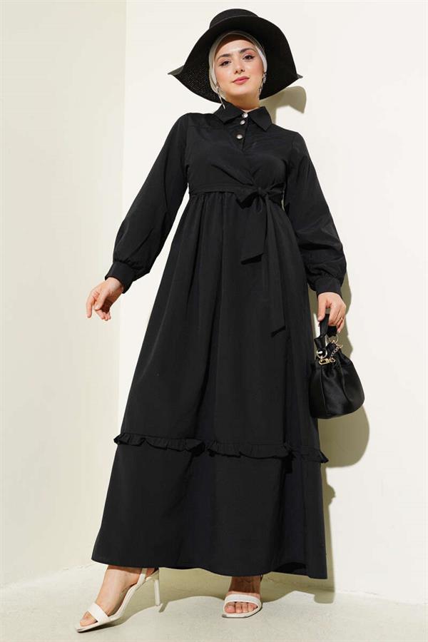 Half Buttoned Ruffle Side Tie Dress Black