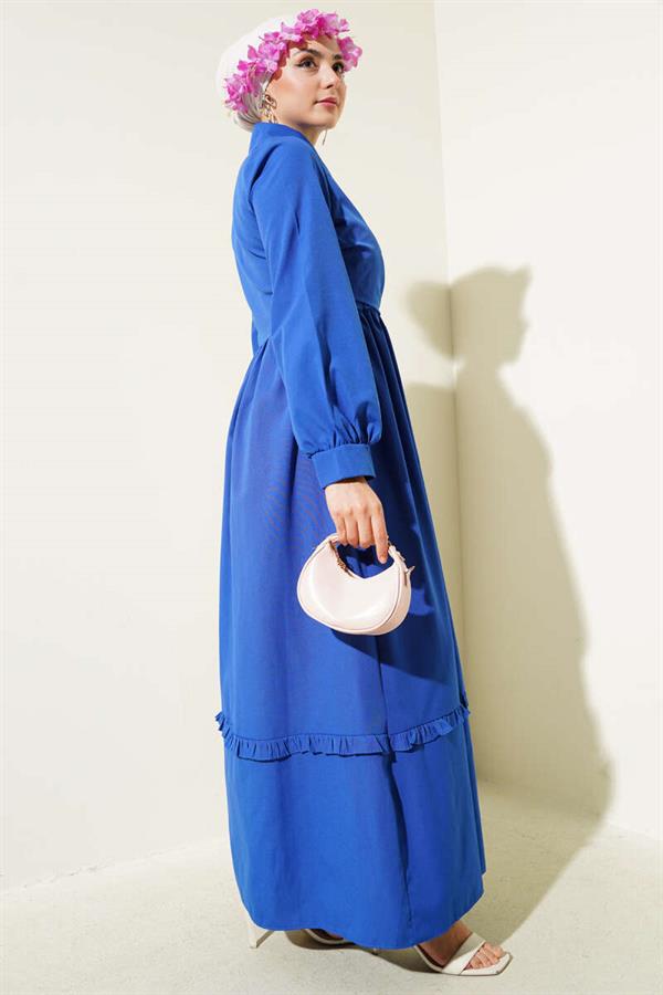 Half Buttoned Ruffle Side Tie Dress Saxe