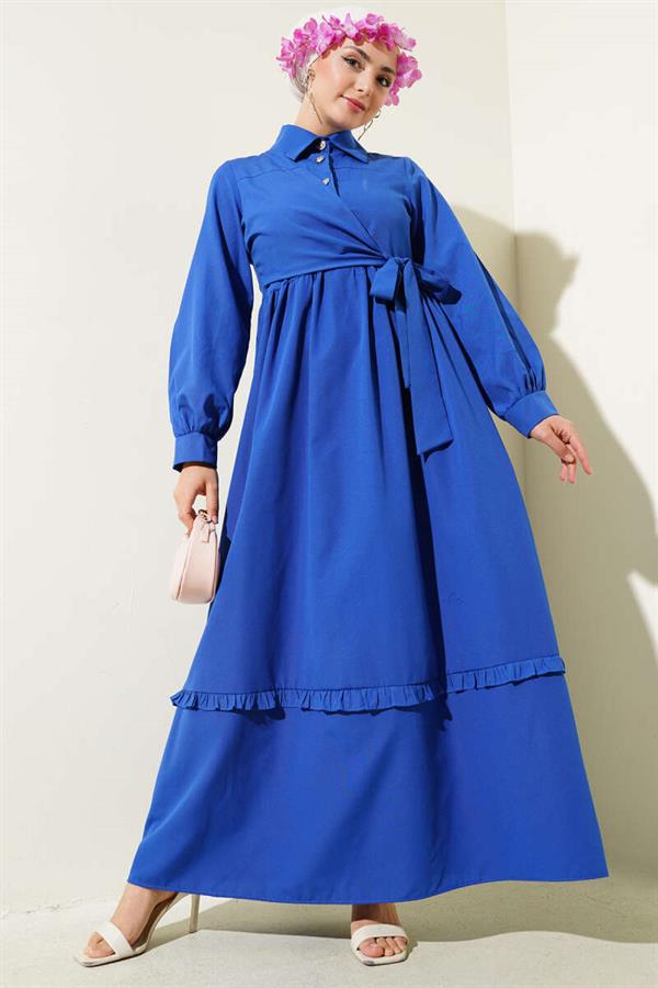 Half Buttoned Ruffle Side Tie Dress Saxe