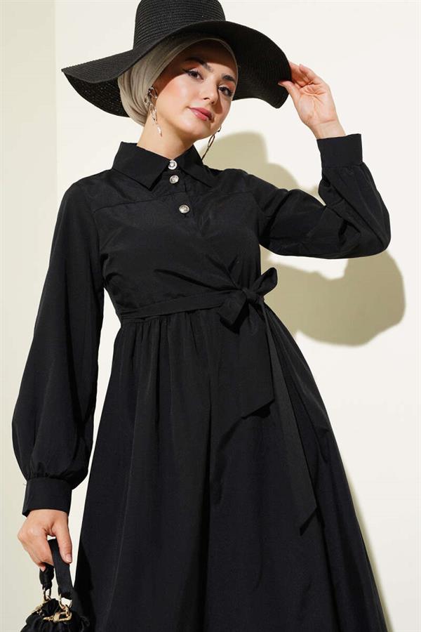 Half Buttoned Ruffle Side Tie Dress Black