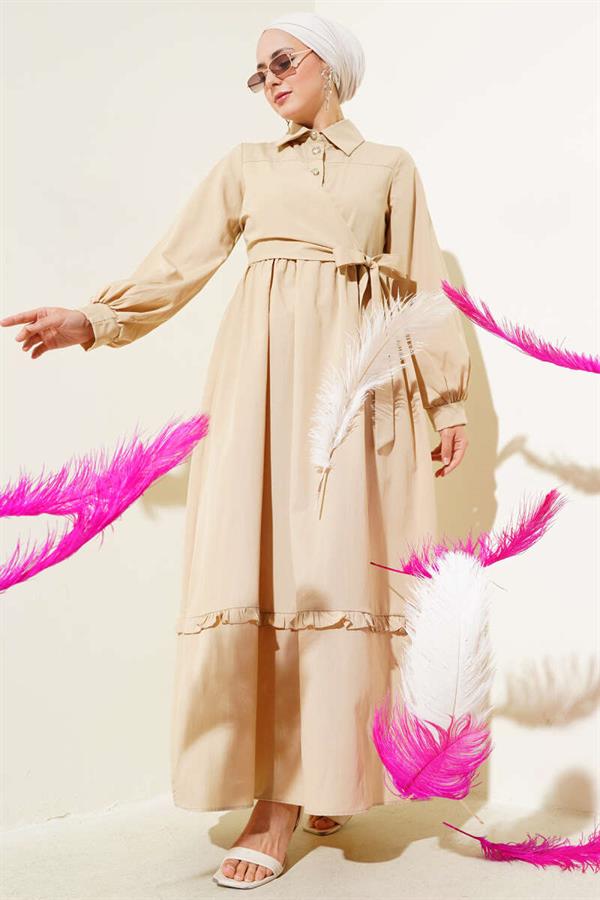 Half Buttoned Ruffle Side Tie Dress Beige