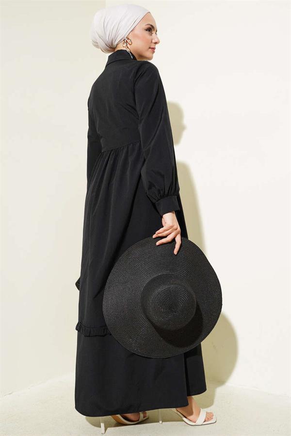 Half Buttoned Ruffle Side Tie Dress Black