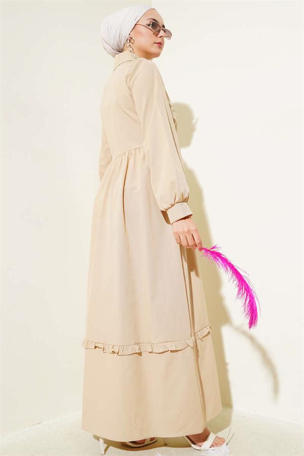 Half Buttoned Ruffle Side Tie Dress Beige