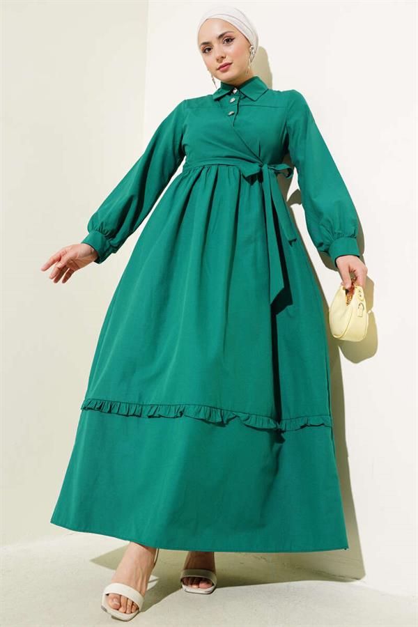Half Buttoned Ruffle Side Tie Dress Green