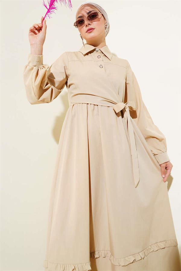Half Buttoned Ruffle Side Tie Dress Beige
