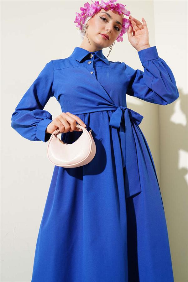 Half Buttoned Ruffle Side Tie Dress Saxe