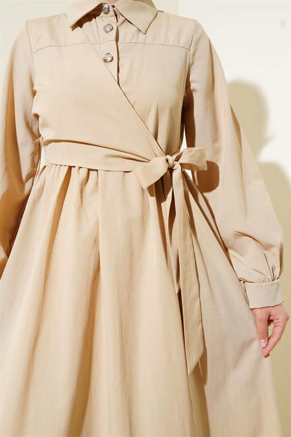 Half Buttoned Ruffle Side Tie Dress Beige