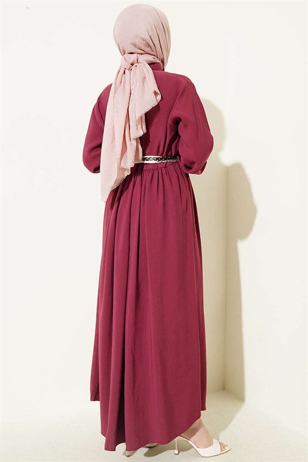 Half-Button Tencel Dress with Scarf, Burgundy