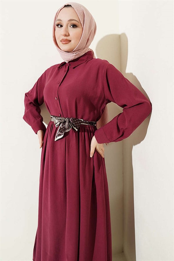 Half-Button Tencel Dress with Scarf, Burgundy
