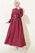 Half-Button Tencel Dress with Scarf, Burgundy