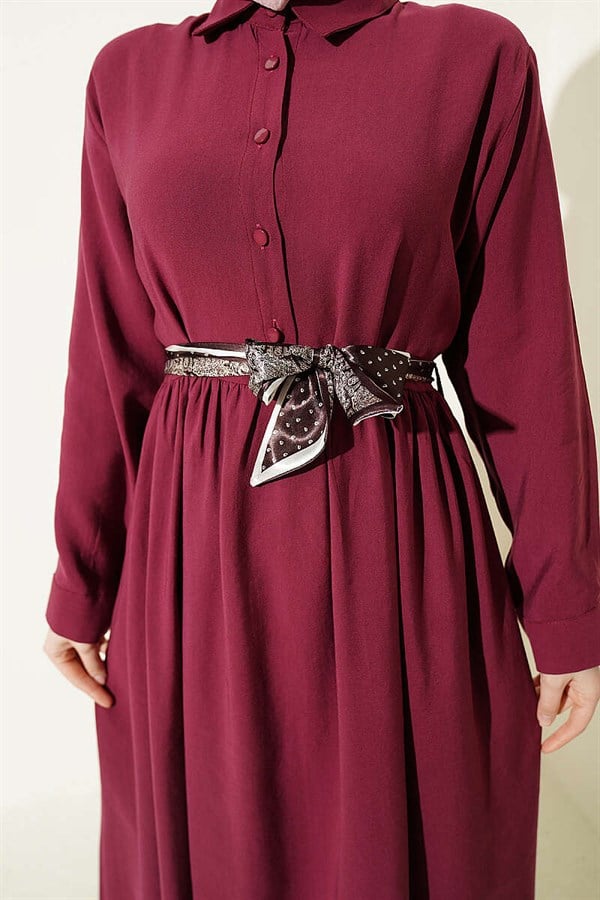 Half-Button Tencel Dress with Scarf, Burgundy