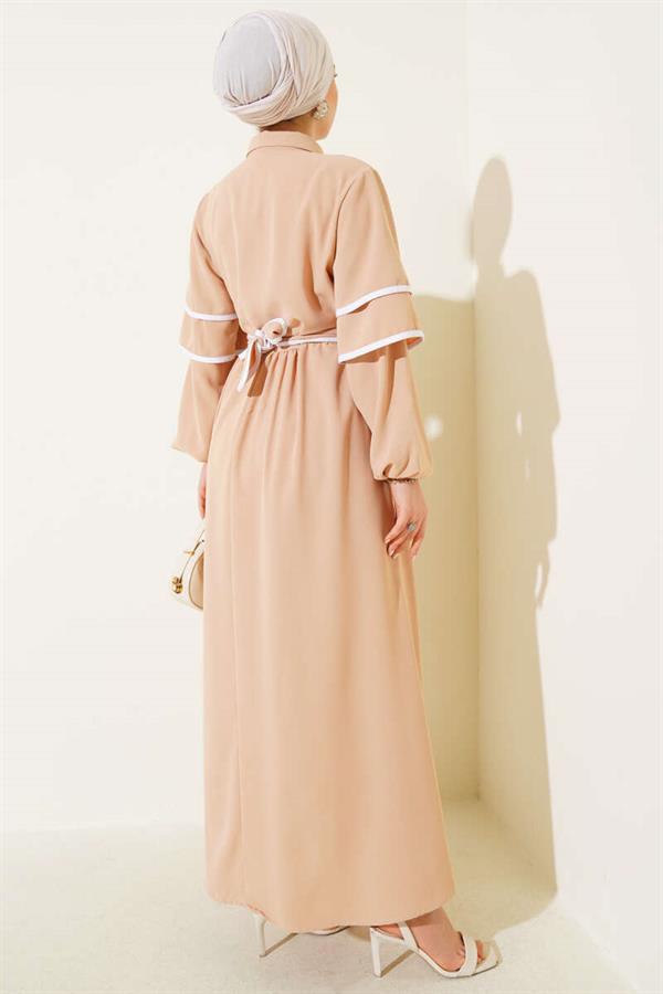 Half-Buttoned Garnished Belted Dress Beige