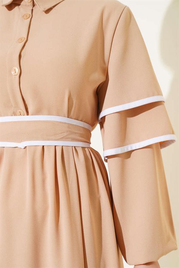 Half-Buttoned Garnished Belted Dress Beige