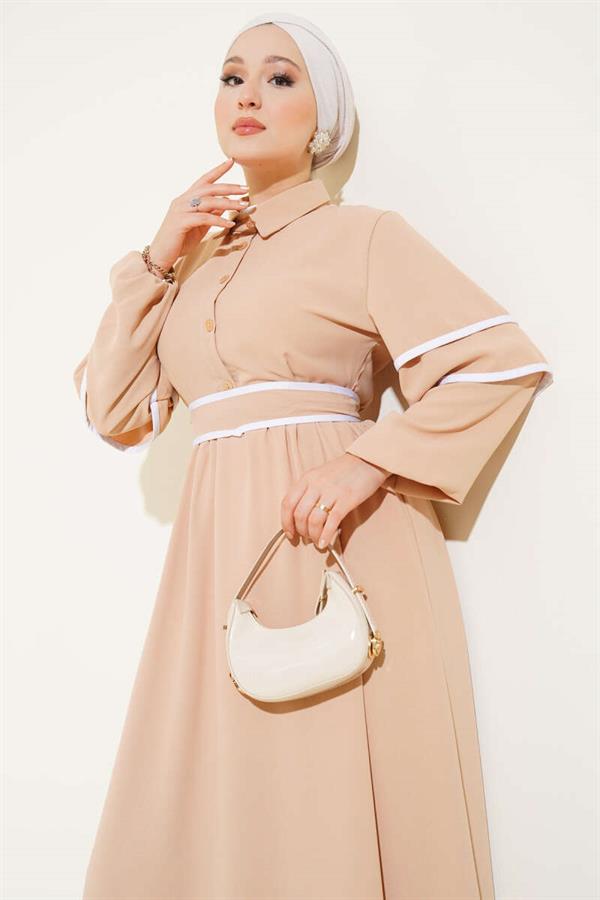 Half-Buttoned Garnished Belted Dress Beige
