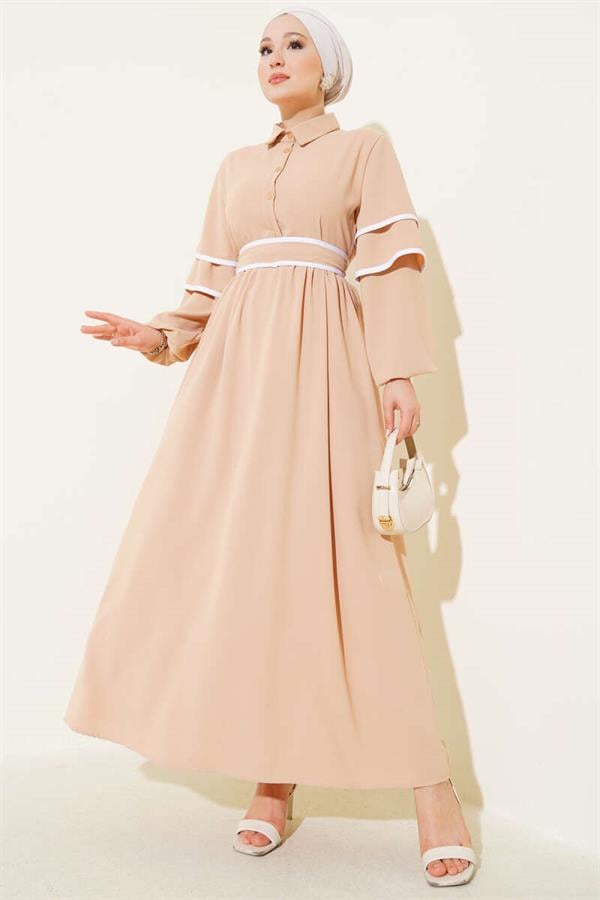 Half-Buttoned Garnished Belted Dress Beige