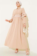 Half-Buttoned Garnished Belted Dress Beige