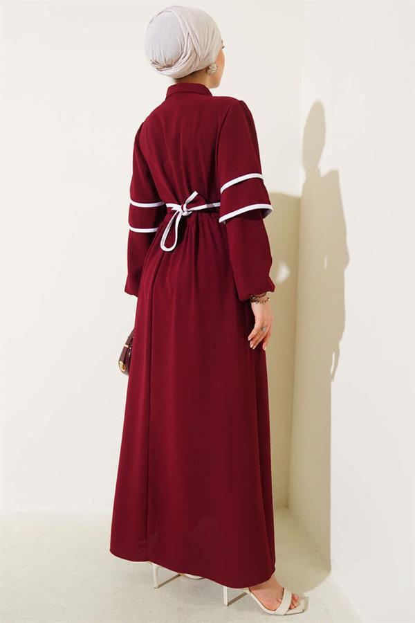 Half-Buttoned Garnished Belted Dress Burgundy