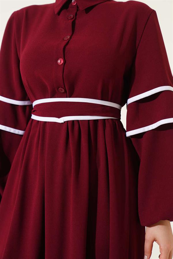 Half-Buttoned Garnished Belted Dress Burgundy