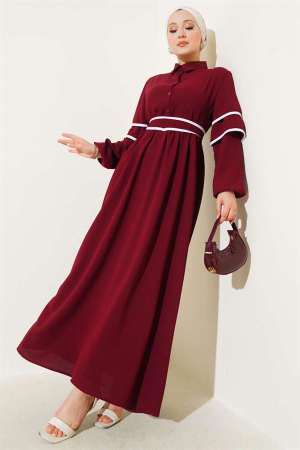 Half-Buttoned Garnished Belted Dress Burgundy
