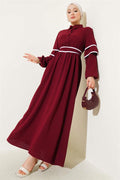Half-Buttoned Garnished Belted Dress Burgundy
