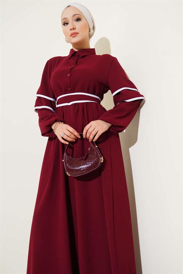 Half-Buttoned Garnished Belted Dress Burgundy