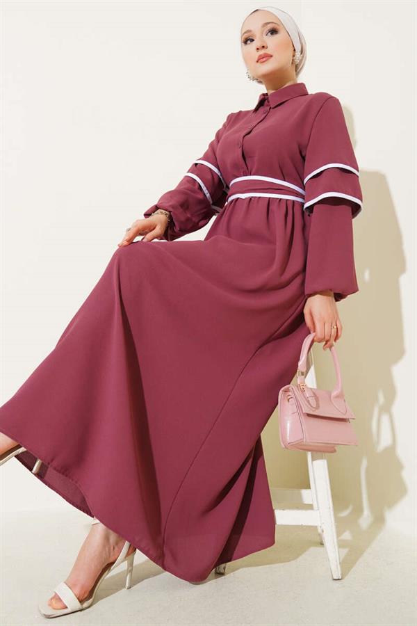 Half Buttoned Garnished Belted Dress Dusty Rose