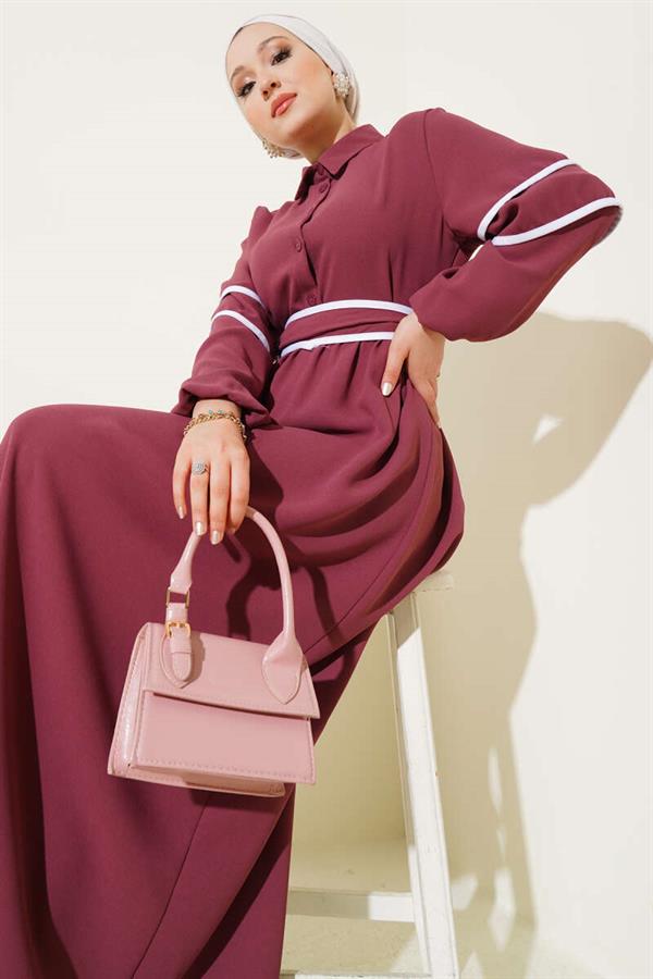 Half Buttoned Garnished Belted Dress Dusty Rose