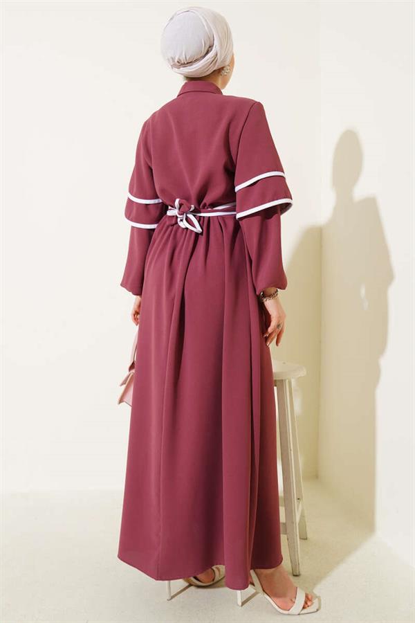 Half Buttoned Garnished Belted Dress Dusty Rose