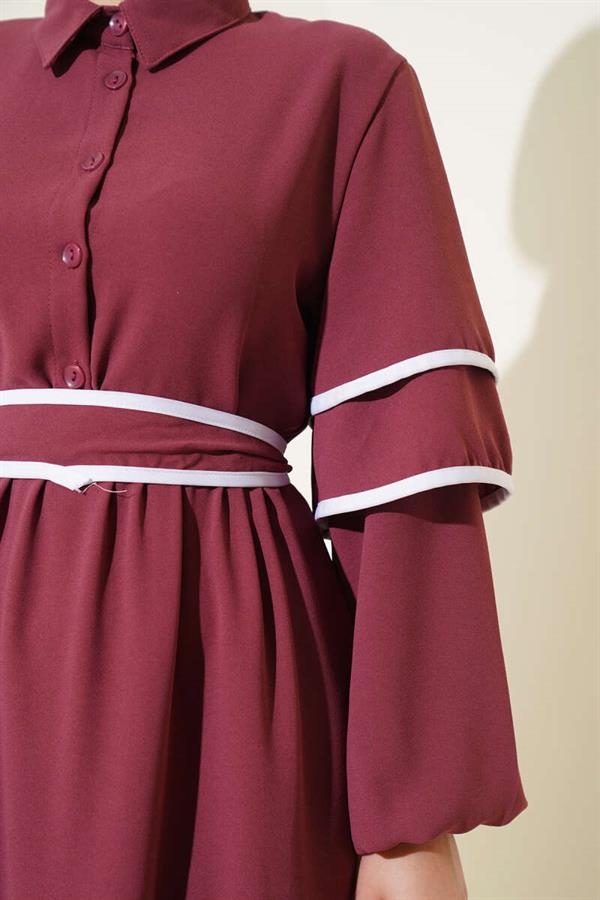 Half Buttoned Garnished Belted Dress Dusty Rose