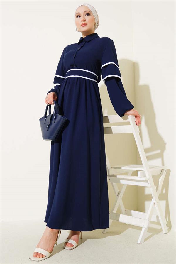 Half-Buttoned Garnished Belted Dress Navy Blue