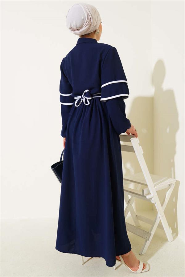 Half-Buttoned Garnished Belted Dress Navy Blue