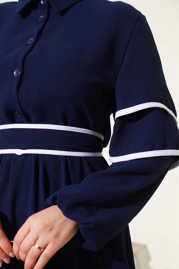 Half-Buttoned Garnished Belted Dress Navy Blue
