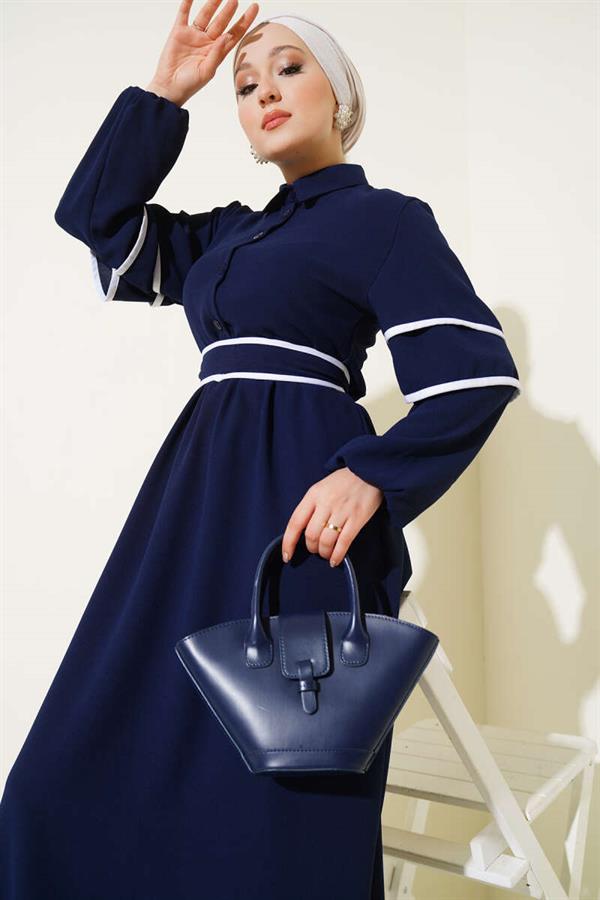Half-Buttoned Garnished Belted Dress Navy Blue