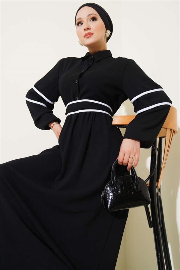 Half Buttoned Garnished Belted Dress Black