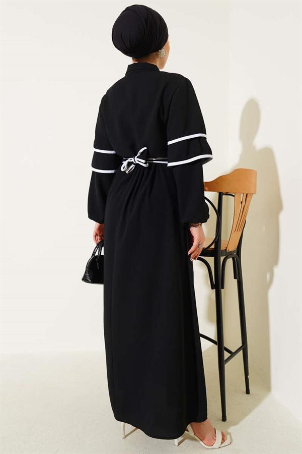 Half Buttoned Garnished Belted Dress Black