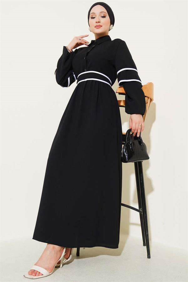 Half Buttoned Garnished Belted Dress Black