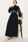 Half Buttoned Garnished Belted Dress Black