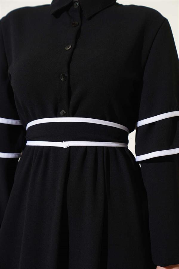Half Buttoned Garnished Belted Dress Black