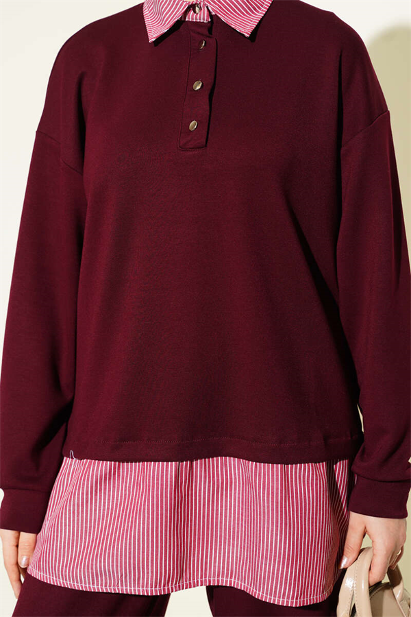 Half-Button Trimmed 2 Piece Set in Burgundy