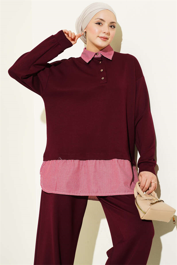 Half-Button Trimmed 2 Piece Set in Burgundy