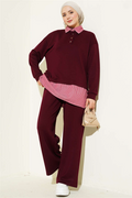 Half-Button Trimmed 2 Piece Set in Burgundy